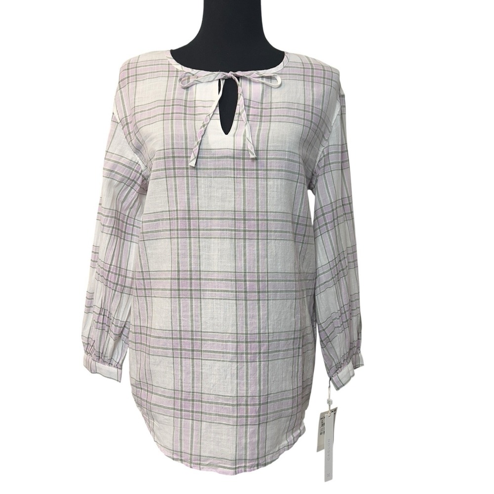 Caslon Isabella Windowpane Ivory Lavender Plaid Cotton Pullover Shirt‎ XS NEW